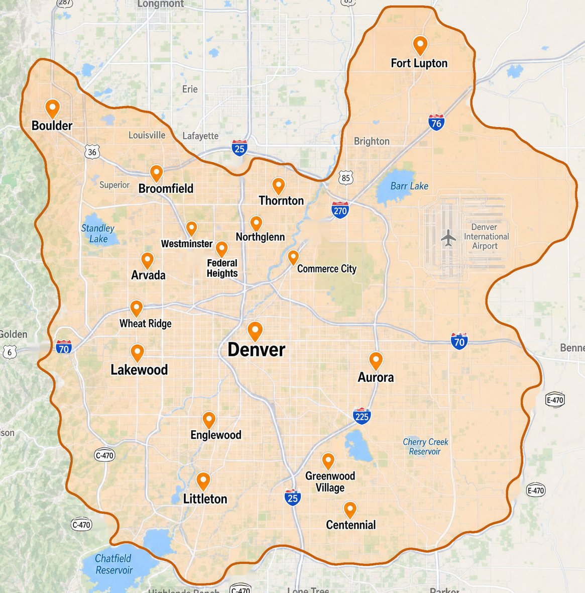 Map of the Curascapes service area across the Denver metro and Front Range